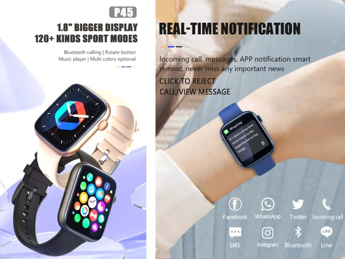 Imagen 6 de 9 de Reloj Smart Watch P45 Mujer Hombre P/ Android iPhone Samsung