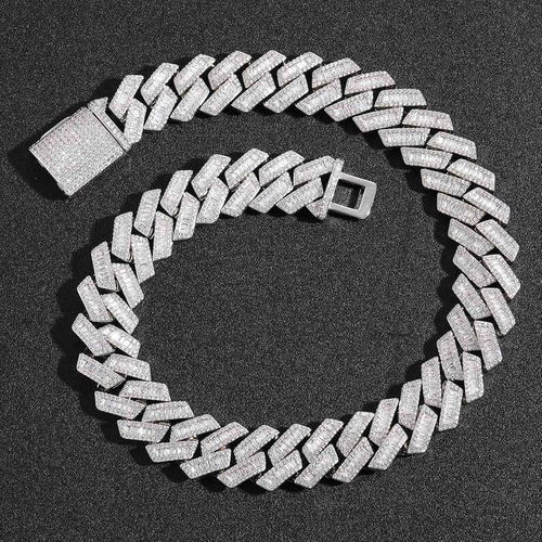 Cadena Cubana Helada 20mm 18k Oro Blanco Circonitas Baguette