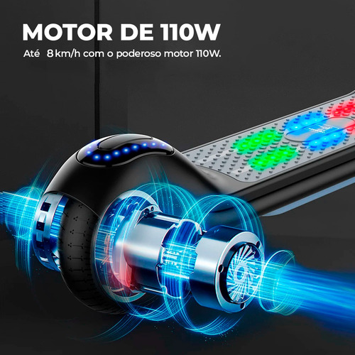 Patinete Elétrico Infantil Portátil Bluetooth Led Motor 110w