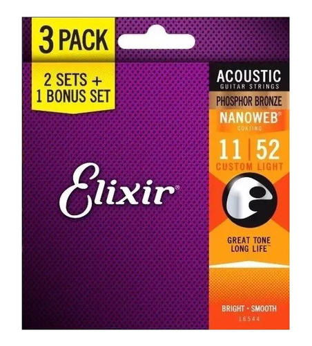 Kit Encordoamento Violão Aço Elixir 0.11 Leve 3 Pague 2