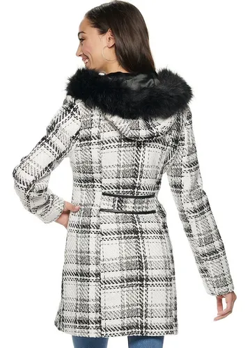 Abrigo Chaqueta Gaban Capota Peluche Cuadros Blanco Y Negro Faux Fur Mujer Talla Xs