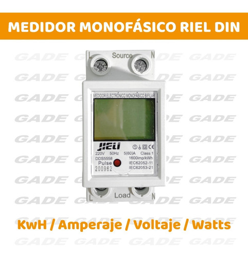 Imagen 2 de 7 de Medidor Monofasico Luz Consumo Riel Din Amper Volt Watt Kwh