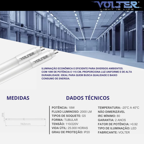 Kit 10 Lâmpada Led Tubular Volter 18w T5 115cm G5 127/220V Branco Frio 6500k 2000lm