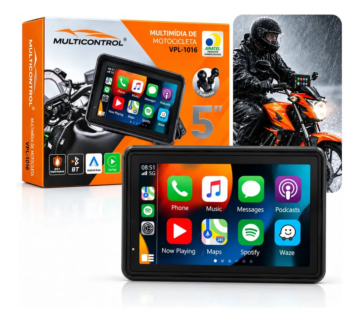 Multimídia Para Motos Tela Touch 5 Polegadas Hm-501 Com Carplay E Android Auto Sem Fio Ip67 A Prova D'água Preto Multicontrol