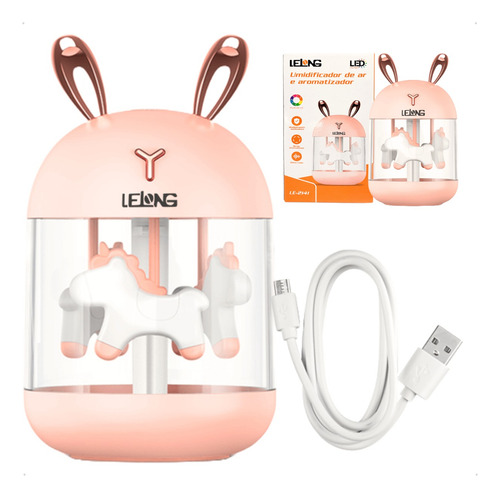 Umidificador Led Carrossel E Aromatizador Ar Ambiente 300ml Rosa