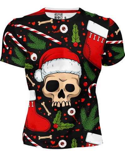 Playera Full Print Calavera Gorro Navidad Bastones Azúcar 45