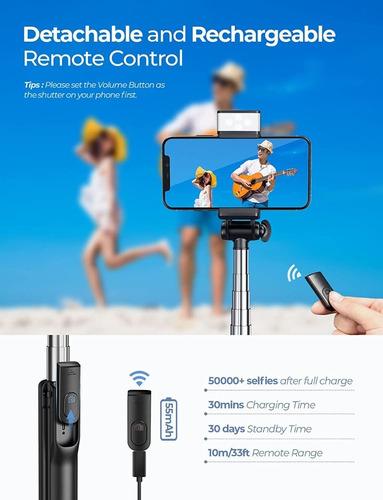Imagen 2 de 6 de Tripode Selfie Stick Bluetooth Con Luz Gopro Y Celulares 360