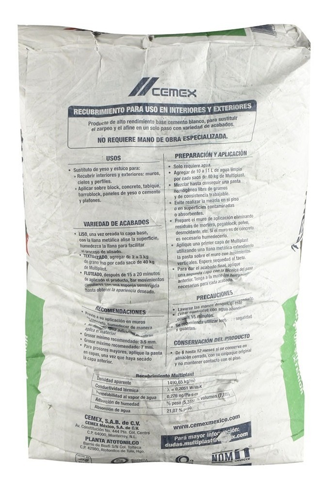 Recubrimiento Multiplast Cemento Blanco De 40 Kg Cemex | Mercado Libre
