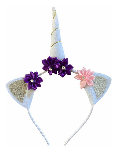 Cintillo Diadema Unicornio Cuerno Y Orejas Con Flores