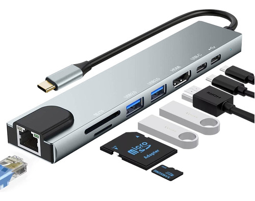 Adaptador Multipuerto Hdmi Tipo C Con Ethernet 8 En 1