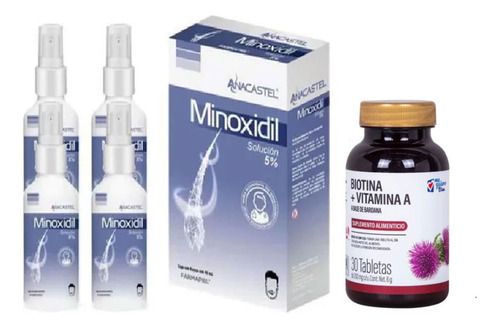 4 Piezas Spray Anacastel Minoxidil 5% Cabello Y Barba Con Tableta De Biotina Con Vitamina A