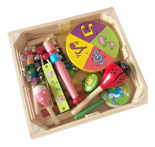 Kit De Instrumentos Musicales Para Niños Caja Madera Tambor