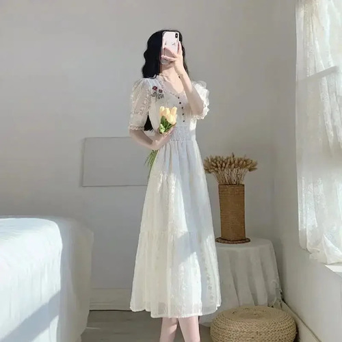 Vestido Midi De Encaje Floral Para Mujer Con Cuello Cuadrado