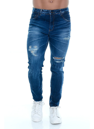 Calça Jeans Masculina Skinny Destroyed Com Lycra