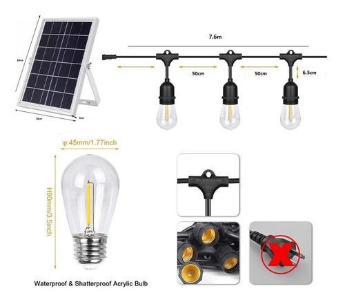 Imagen 2 de 6 de Serie Luces Led Vintage Panel Solar Exterior Con 10 Focos