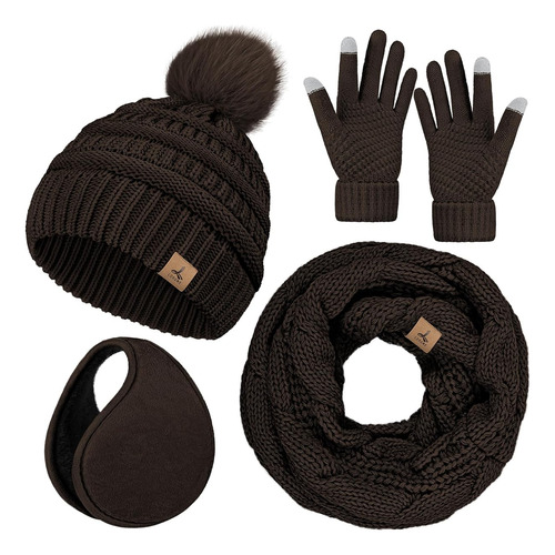 Gorro De Invierno Con Bufanda Guantes Y Orejeras Color Cafe