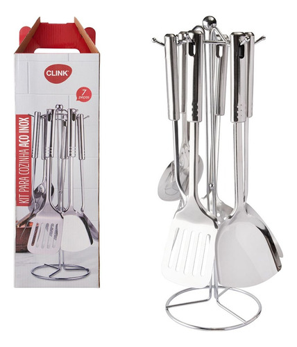 Kit Utensílios Cozinha Inox Suporte Colher Concha Espátula 