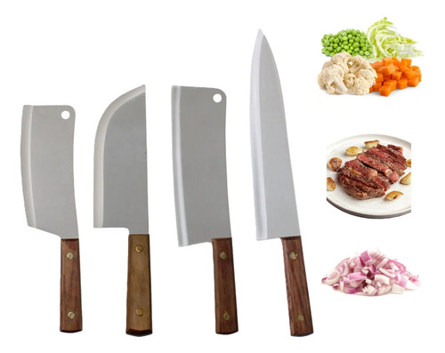 Cuchillos Profesionales Juego Set 4 Piezas Cocina Carnicero Taquero Filetero Pescado Sushero Estilo Japones 8, 10, 7, 7, Pulgadas Acero Inoxidable Mango Madera Yesh Market Modelo 5115
