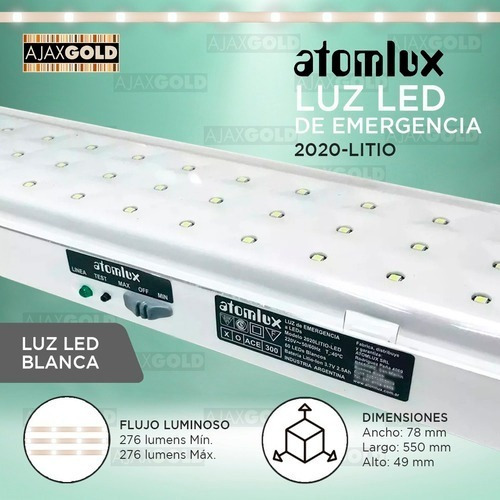 Imagen 3 de 5 de Luz Emergencia Atomlux 2020 Slim Bateria Litio 60 Leds Fria