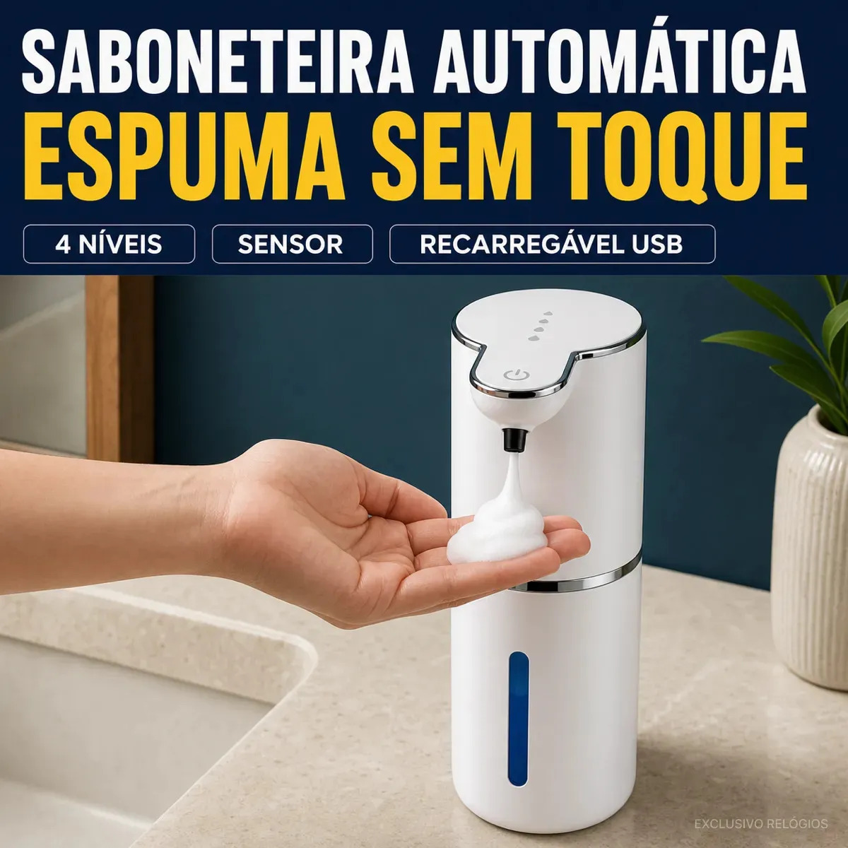 Saboneteira Automática Dispenser de Espuma Recarregável USB Sensor Infravermelho Sem Toque 4 Níveis Fixação Parede para Sabonete Líquido Lava Mãos Banheiro Cozinha Escritório Branc