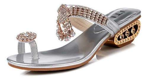 Sandalias Sexy Diamantes Imitación, Tacón Bajo Dorado Mujer