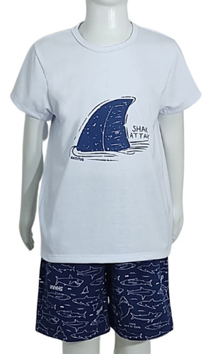 Conjunto Infantil Menino Short E Camiseta Tubarão Azul
