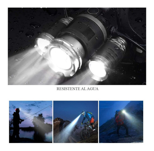 Imagen 4 de 10 de Linterna Led Recargable Minero Vincha 3 Cree T6 Usb 12v