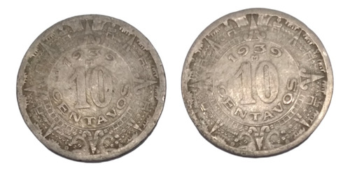  Monedas Calendario Azteca 10 Centavos 2 Piezas Año 1939