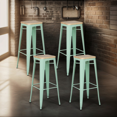Pack 4 Piso Taburete Tolix Metal Asiento Madera Lf5-03w Gw