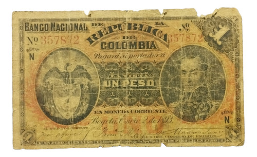 Billete Antiguo De Colombia 1 Peso Toche 1893 De Coleccion 
