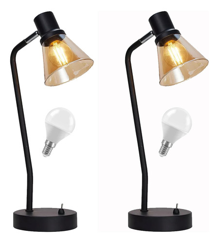 Pack X 2 Luminaria De Mesa Velador Ideal Mesa De Luz Tulipa De Vidrio Ambar Estilo Industrial Cabezal Ajustable Con Lampara Led Luz Calida