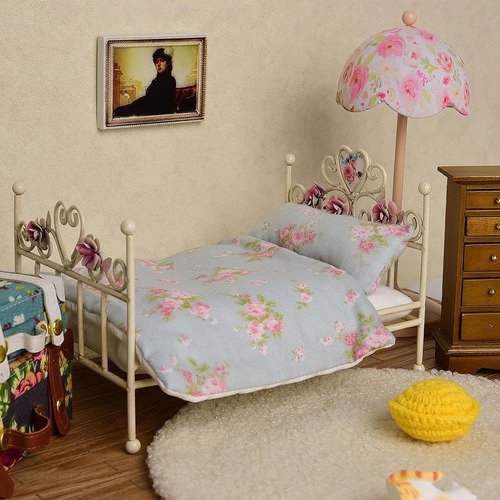 1: 12 Cama Europea En Miniatura, Mini Ropa De Cama Floral