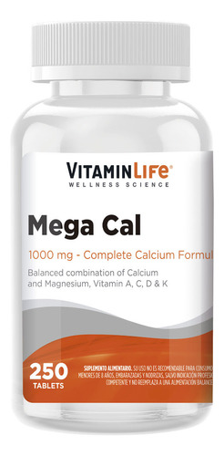 Mega Cal Vitamin Life 1000mg 250 Tabletas 