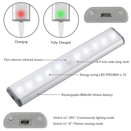 Motion Sensor De Luz Luces Del Gabinete, Usb Recargable 10 L