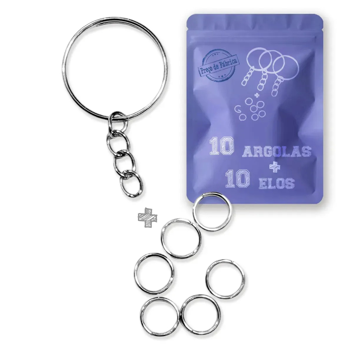 Kit 10 Argolas Chaveiro 20mm com Corrente + 10 Elos para Montagem 8mm
