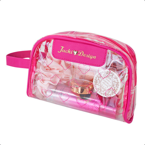 Necessaire Feminina Com Alça Jacki Design Love Transparente Cor Pink Desenho Do Tecido Lisa