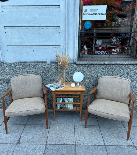 Sillones Escandinavos Nórdicos Antiguos Madera Natural Par Marrón Claro Lino (Usado)