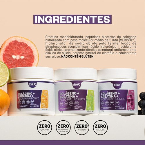 Creatina Pura + Colágeno Verisol + Ácido Hialurônico 140g Sabor Limão