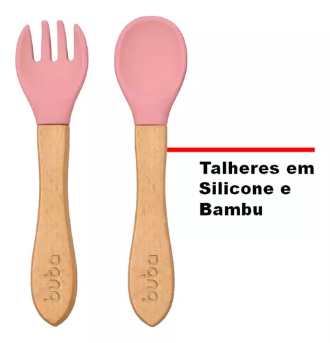 Kit Talheres Em Silicone E Bambu Colher E Garfo Bebe Buba