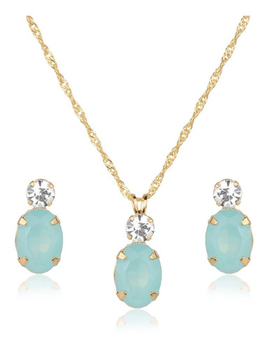 Imagem 1 de 5 de Kit Conjunto De Semijoia Pedra Turmalina Banhado A Ouro 18k