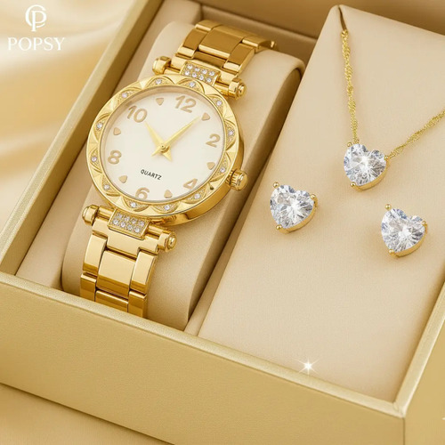 Relógio Feminino De Pulso + Kit Colar Pingente E Brincos Folheados 18k Alta Qualidade Premium Cor Dourado Semi Joias Acessórios Feminino Marca Popsy