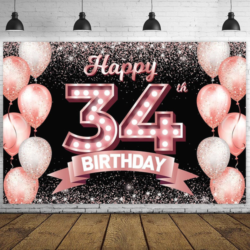 Cartel De Feliz Cumpleaños Número 34 Color Oro Rosa Con Text
