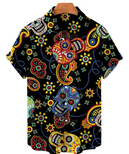 Camisa Casual Hawaiana De Hombre Con Estampado De Calavera