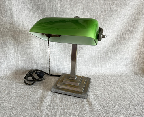 Lámpara Art Decó Original De Tulipa Verde Y Bronce Niquelado