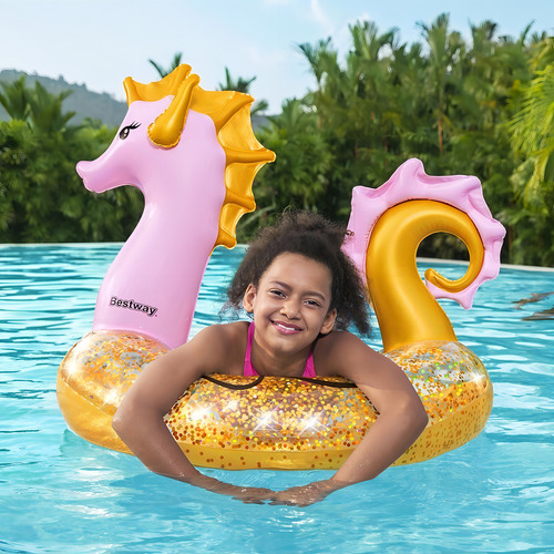 Salvavidas Inflable Caballito De Mar Rosa Con Brillos 115 Cm