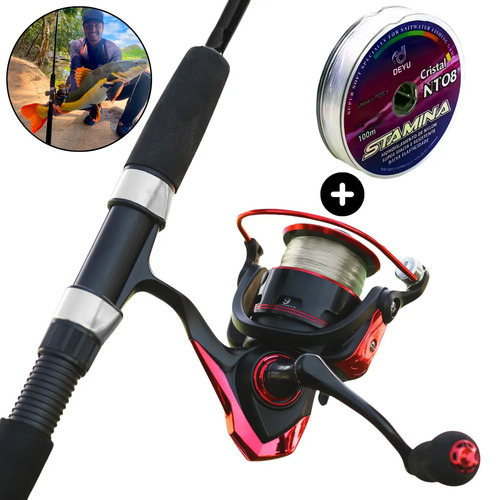 Kit Pesca Molinete 4000 Drag 8kg + Vara 2p Para Molinete 1.80m Fibra De Vidro Maciça + Linha Cor Vermelho