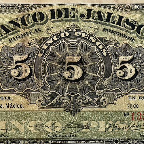Billete 5 Pesos Banco De Jalisco, De 1914, Serie F (Usado)