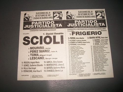 Partido Justicialista . Boleta Electoral 26/10/1997 .