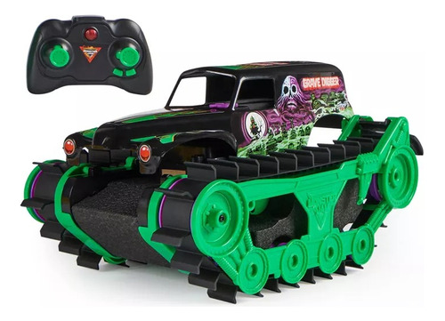 Monster Jam Vehículo Todoterreno Rc Grave Digger Trax Color Negro Y Verde