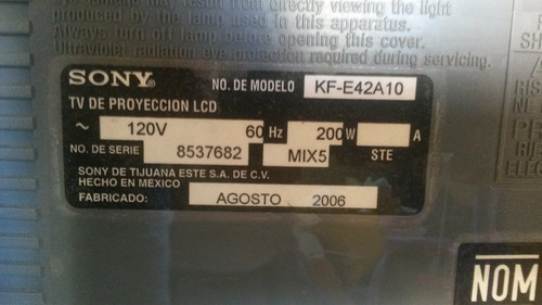 Imagen 5 de 6 de Televisor Sony 42 Pulgadas Lcd Kf-e42a10 Proyeccion